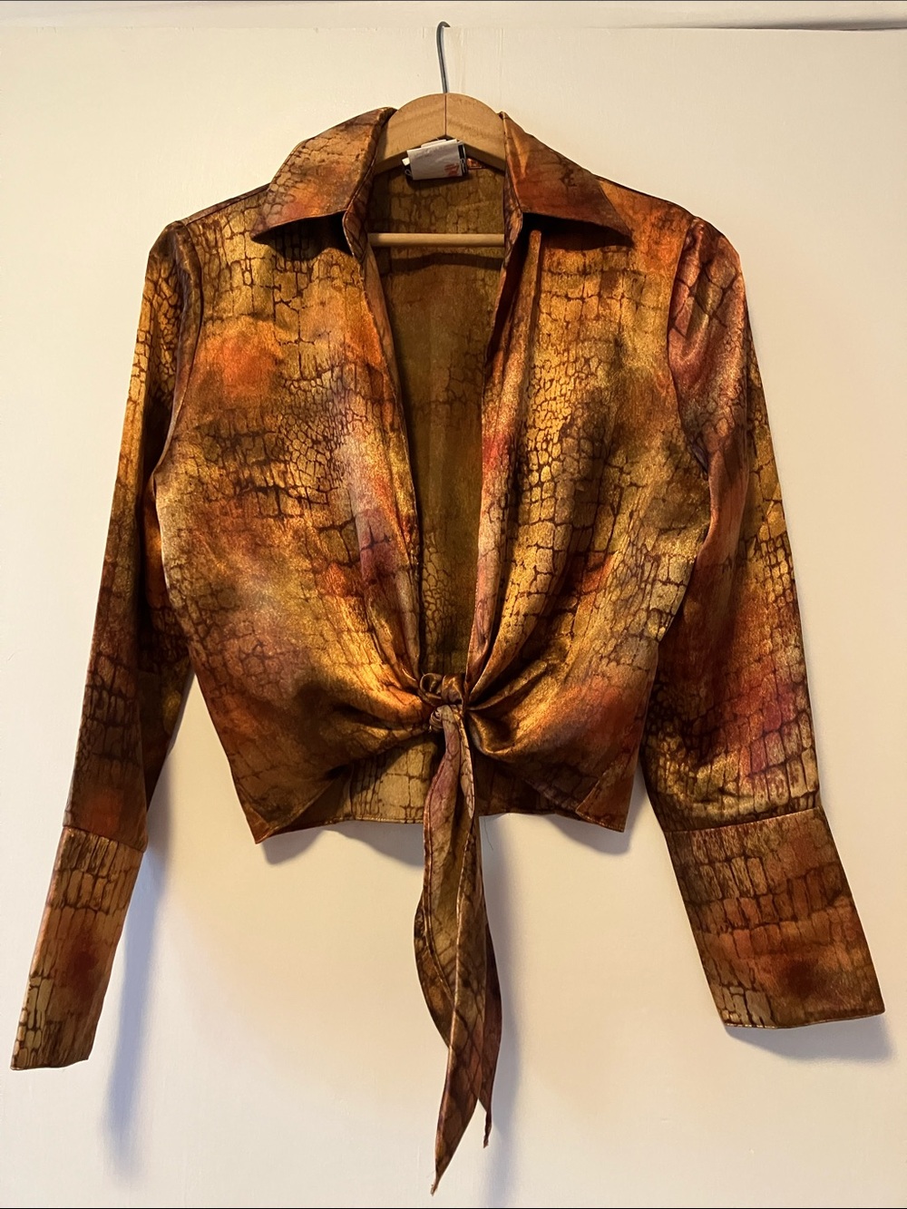 Joseph Ribkoff Vintage Metallic Tie-Front Cropped Blouse in Burnt Gold and Rust